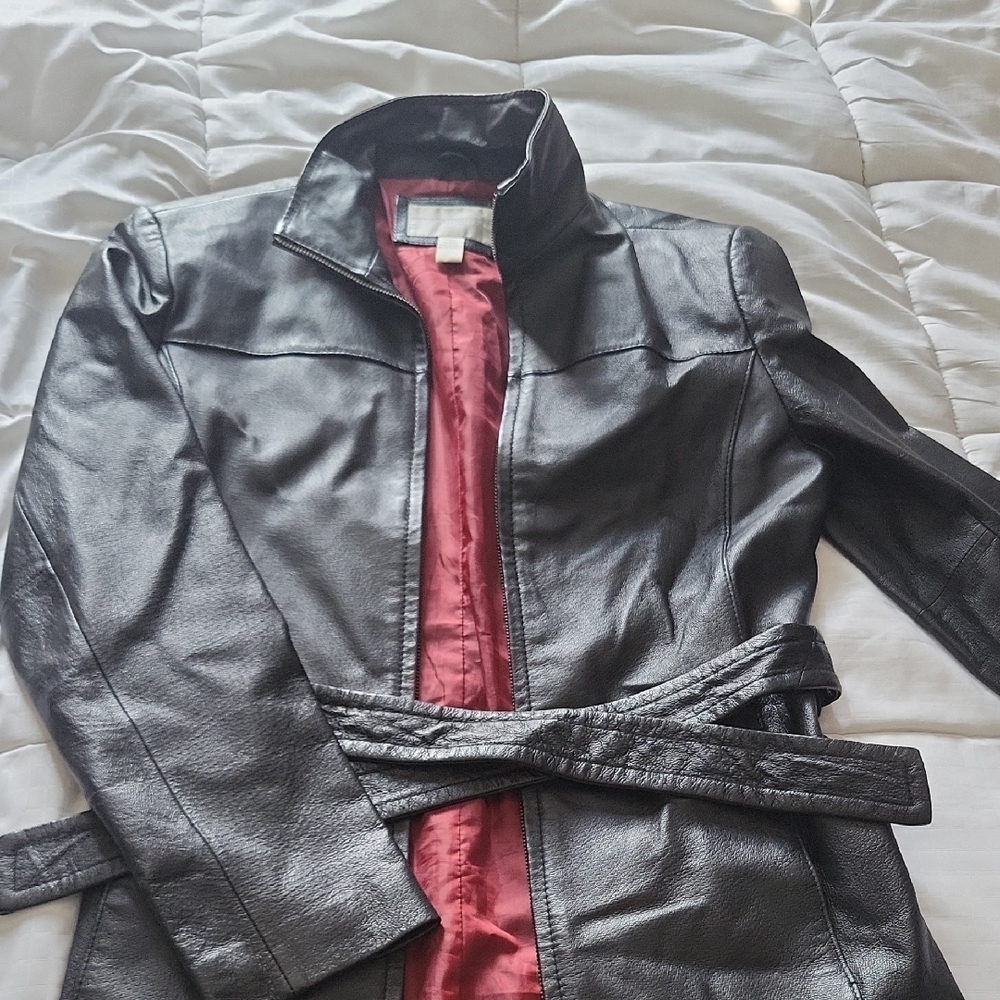 Women's Black Leather Jacket with Red Lining